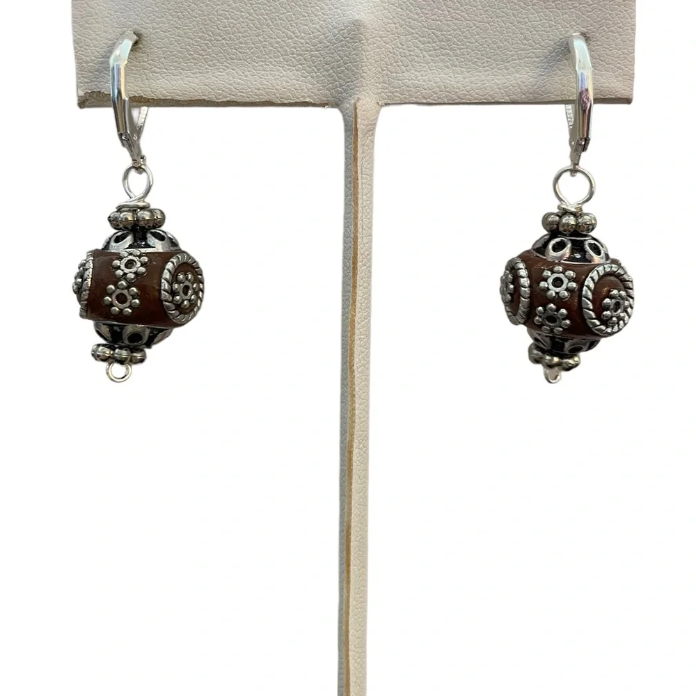 HAND CRAFTED EARRINGS  Southeastern Asian Collection Silver Embellished Brown